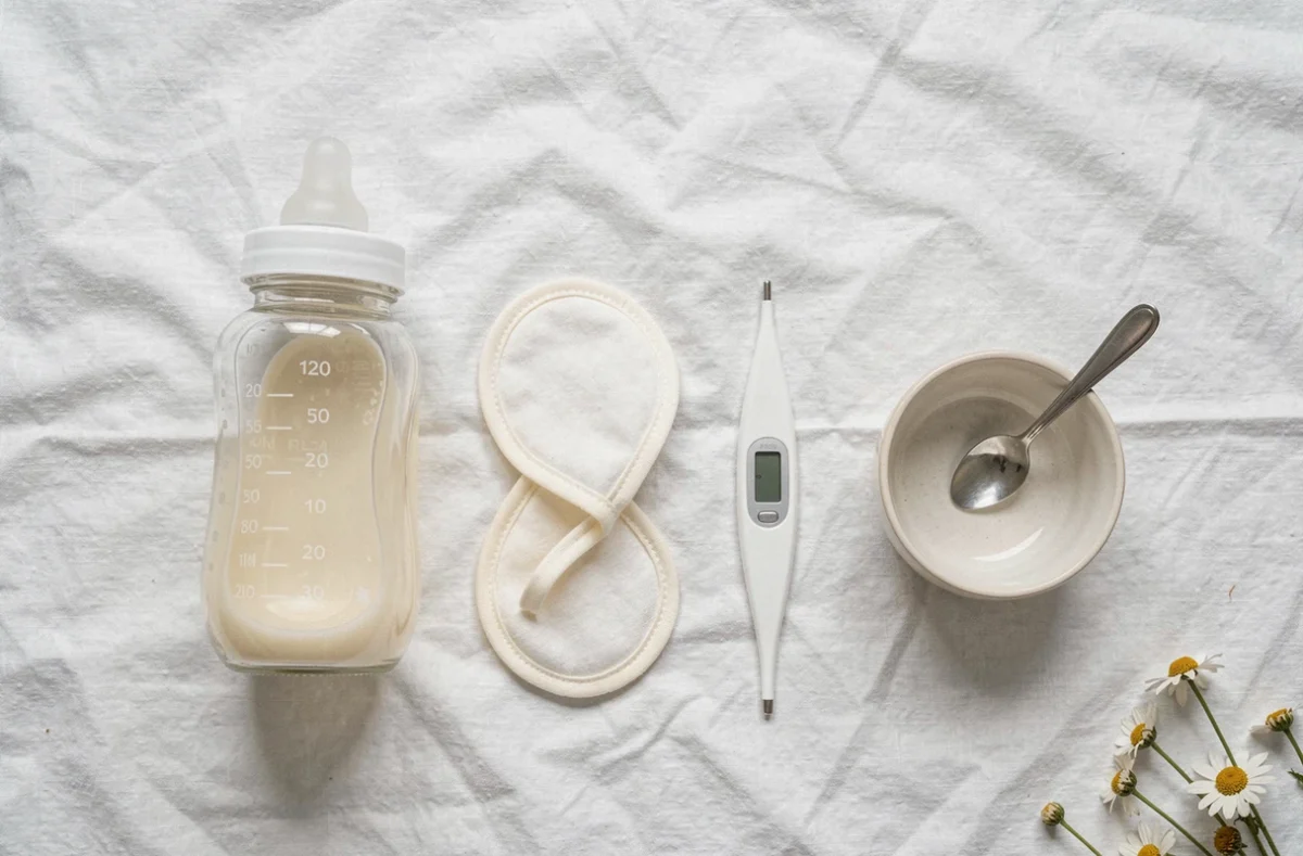 Mise à plat des accessoires essentiels pour l'alimentation du bébé : biberon, coussinets d'allaitement et thermomètre sur textile blanc
