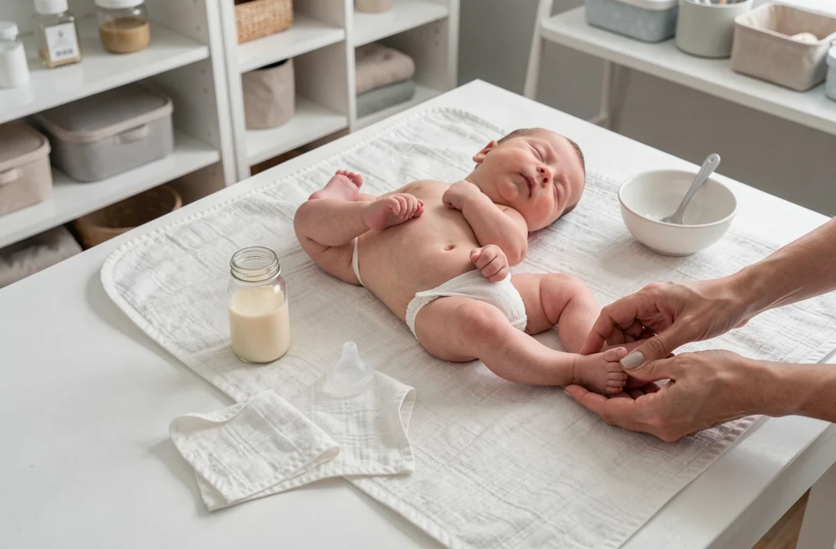 Table à langer minimaliste avec accessoires d'alimentation pour nouveau-né : biberon, tétine et lange en coton bio