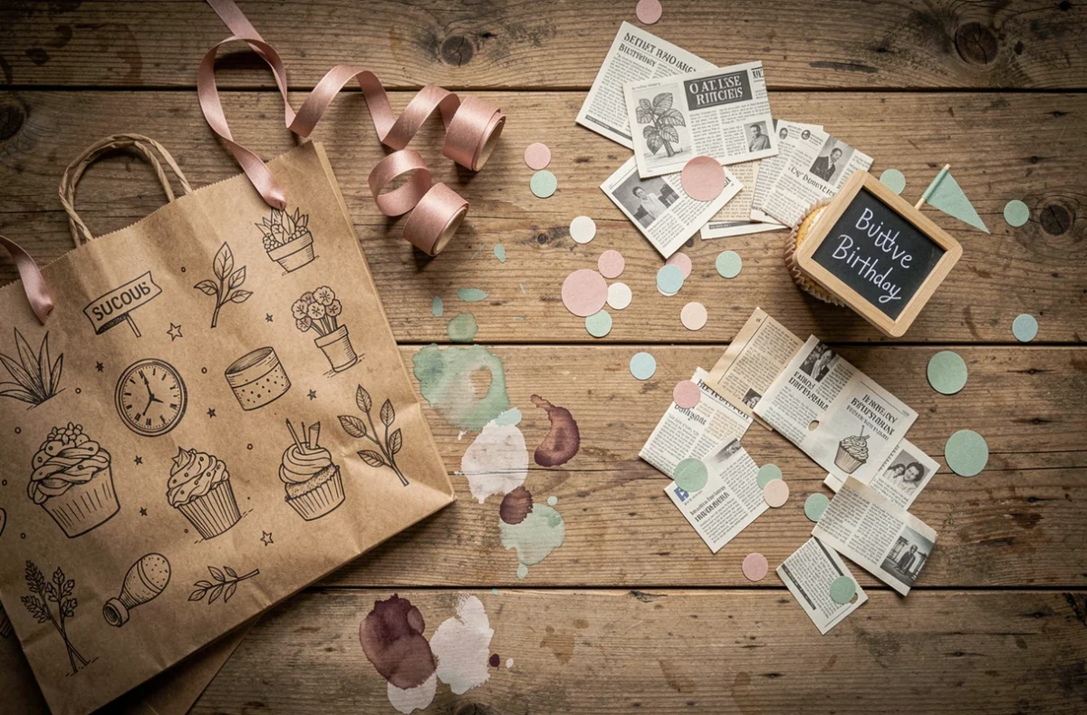 Vue du dessus d'accessoires d'anniversaire faits main et économiques sur une table en bois rustique, incluant sachets cadeaux et cupcake décoré