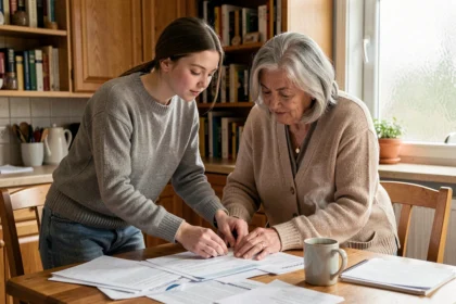Adolescente aidant sa mère à gérer des documents à la maison, illustrant le rôle de soutien des enfants envers leurs parents