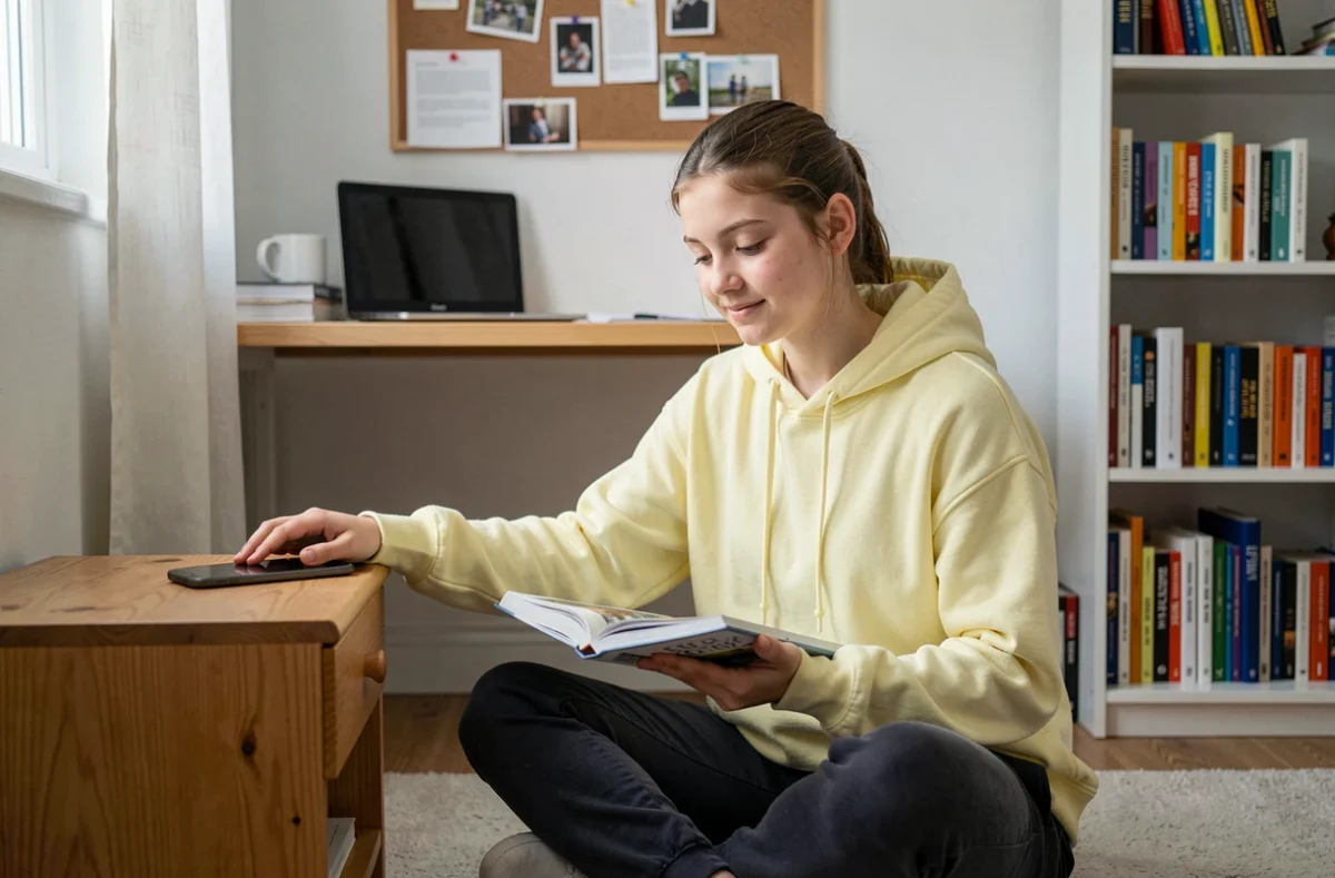 Adolescente posant volontairement son smartphone pour lire un livre dans sa chambre