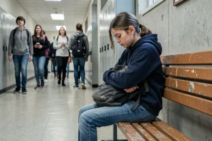 Adolescente isolée dans un couloir de collège, illustrant le harcèlement scolaire