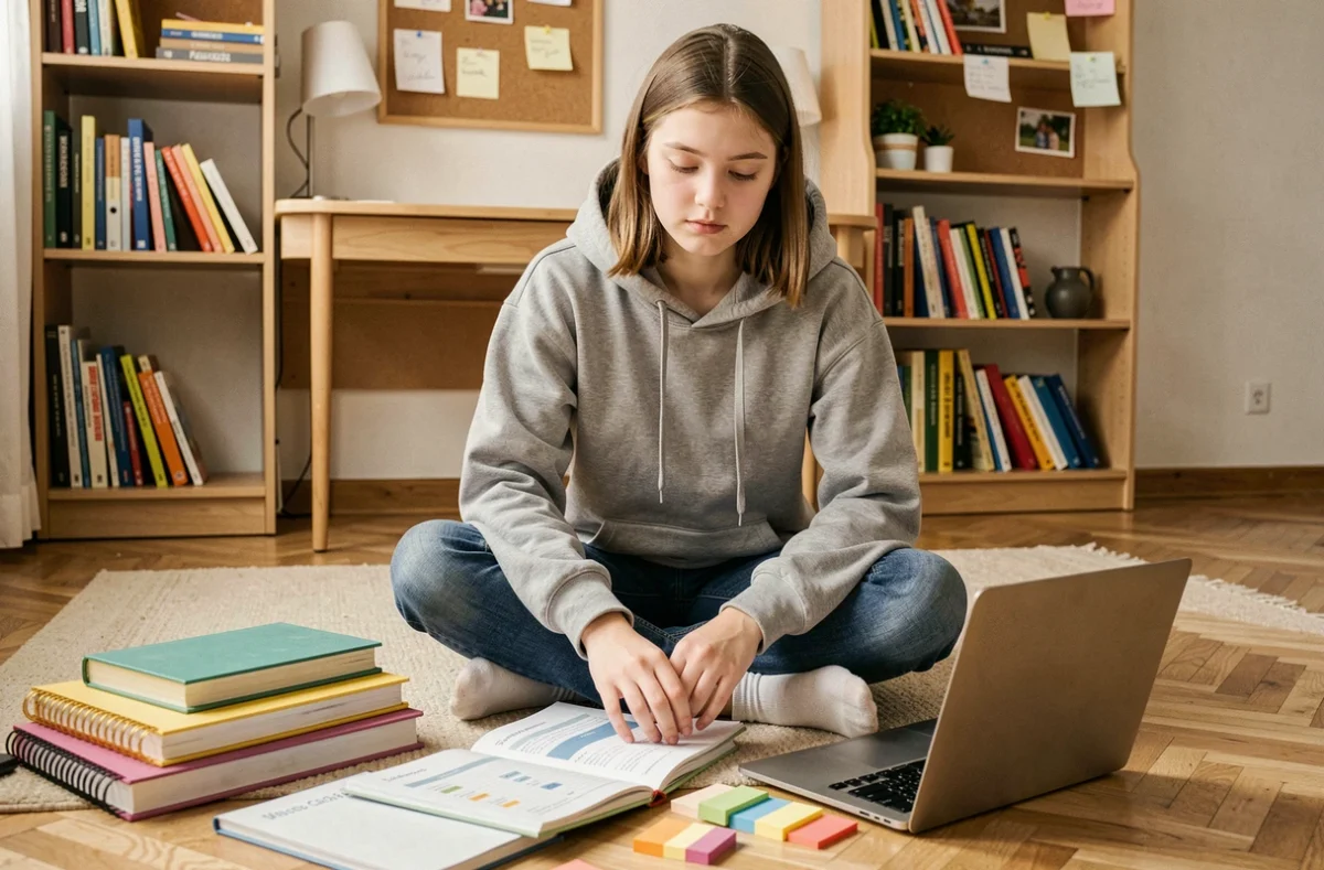 Adolescente qui organise ses livres et son emploi du temps sur le sol de sa chambre pour préparer la rentrée scolaire
