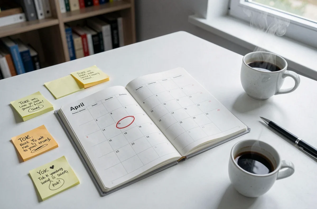 Agenda ouvert sur le 1er avril 2026 entouré de notes autocollantes et d'un expresso sur un bureau minimaliste