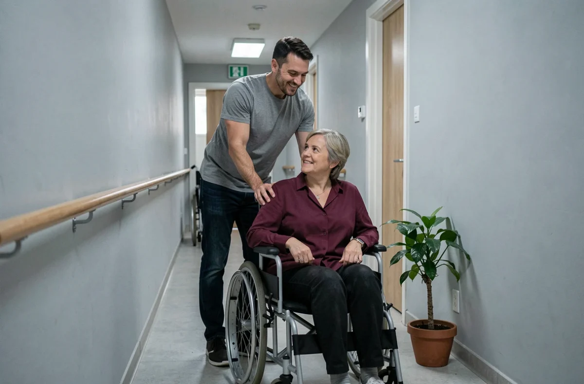 Homme aidant familial accompagnant une femme en fauteuil roulant dans un couloir d'appartement