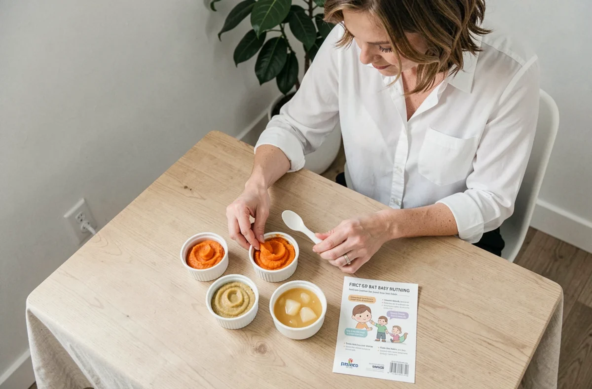 Sélection d'aliments de diversification alimentaire pour bébé présentés sur une table en bois