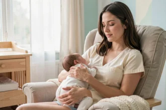 Jeune mère allaitant son nouveau-né dans une chambre de bébé apaisante avec un fauteuil à bascule en bois clair