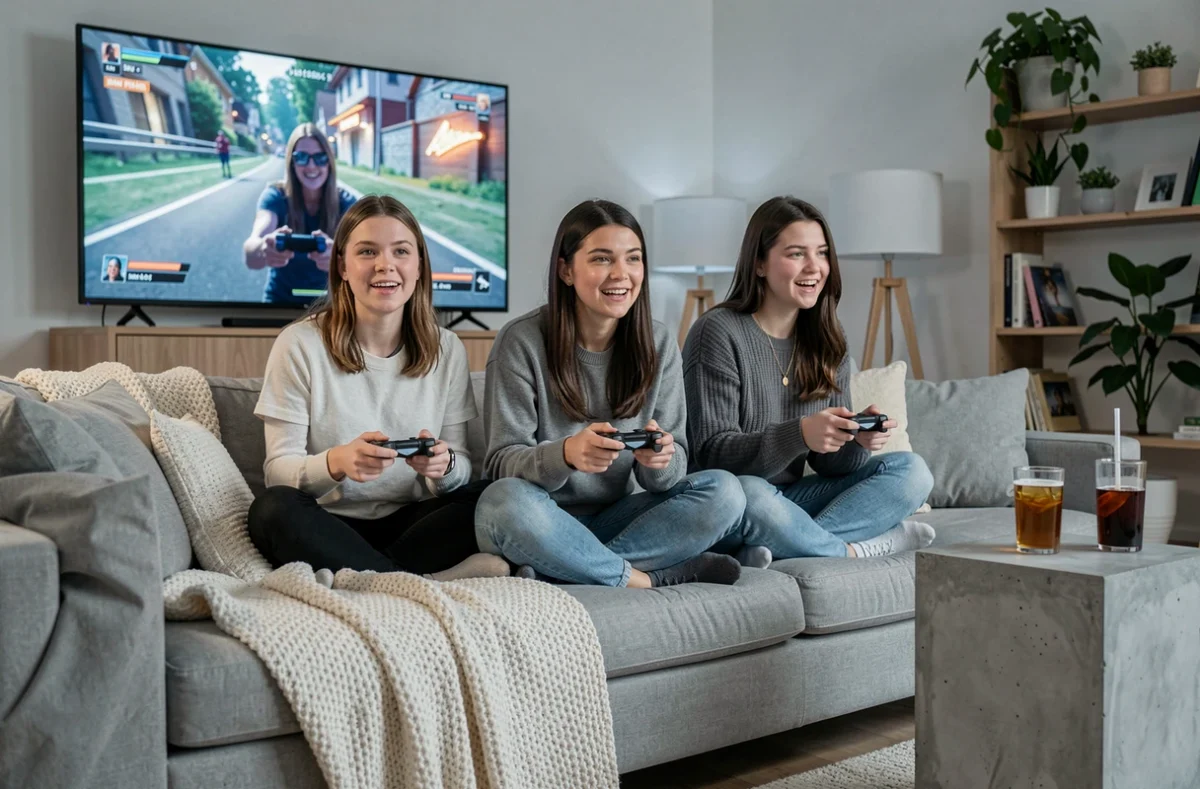 Trois amies jouant aux jeux vidéo ensemble sur un canapé confortable dans un salon moderne