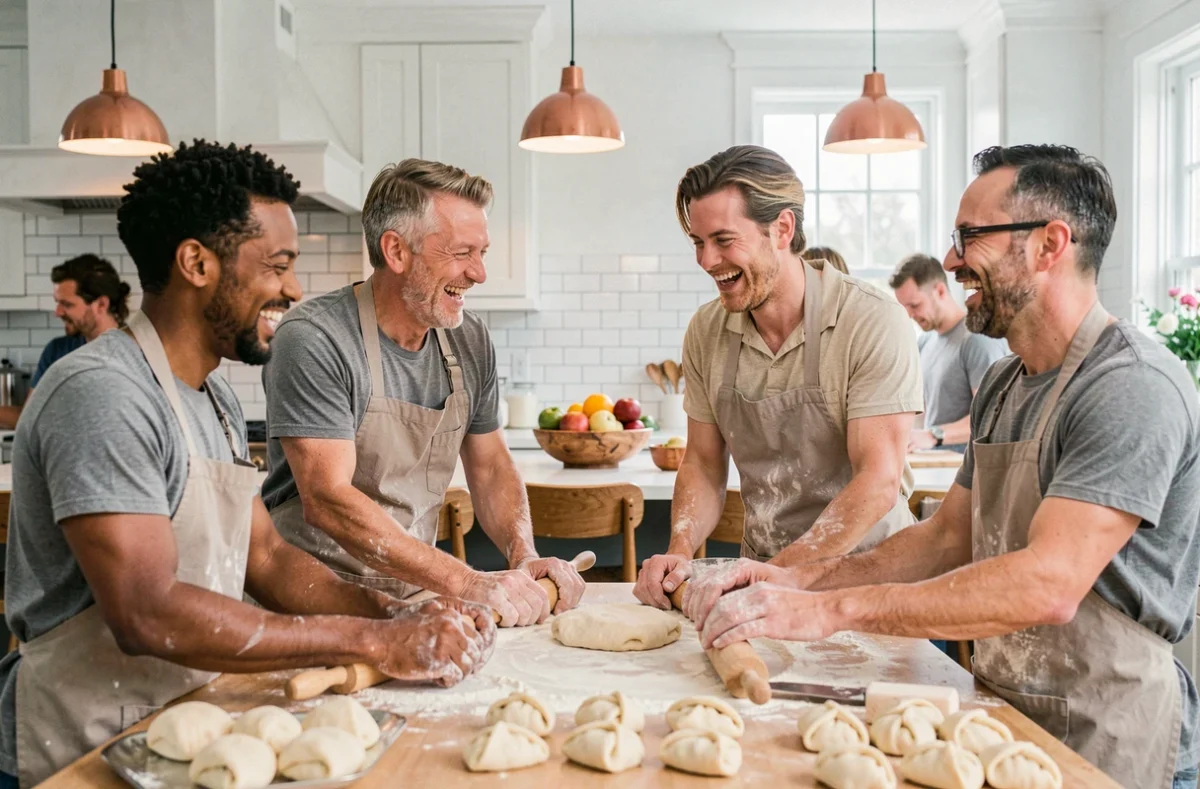 Groupe d'amis cuisinant ensemble dans une cuisine ouverte moderne, farine et pâtisseries sur le plan de travail