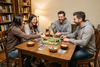 Groupe d'amis adultes jouant à un jeu de société autour d'une table en bois dans un appartement chaleureux
