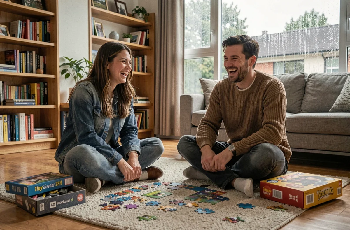 Deux amis jouant à des jeux de société sur le sol d'un salon par temps de pluie
