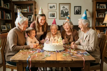 Famille multigénérationnelle réunie autour d'un gâteau d'anniversaire 2026 avec bougies et décorations festives dans un salon chaleureux