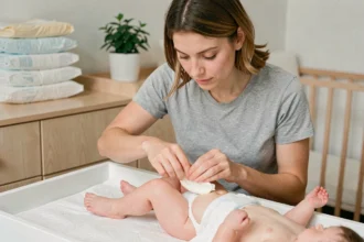 Mère appliquant de la crème protectrice sur les fesses de son bébé pour prévenir les irritations dues aux couches