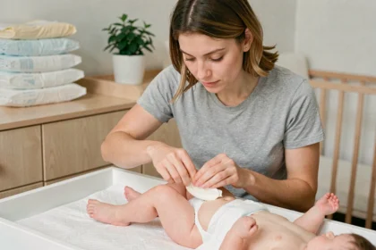 Mère appliquant de la crème protectrice sur les fesses de son bébé pour prévenir les irritations dues aux couches