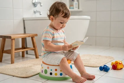 Tout-petit assis sereinement sur un petit pot coloré dans une salle de bain lumineuse, tenant un livre illustré, illustrant une approche bienveillante de l'apprentissage de la propreté