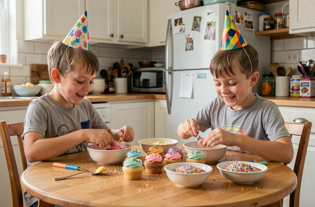 Deux enfants qui décorent des cupcakes avec du glaçage coloré lors d'un atelier anniversaire à la maison