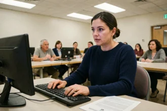 Une mère de famille participante à un atelier numérique organisé par la mairie, assise devant un ordinateur dans une salle communale