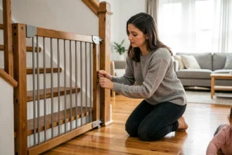 Mère installant une barrière de sécurité en bois au bas d'un escalier pour protéger son bébé