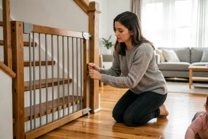 Mère installant une barrière de sécurité en bois au bas d'un escalier pour protéger son bébé