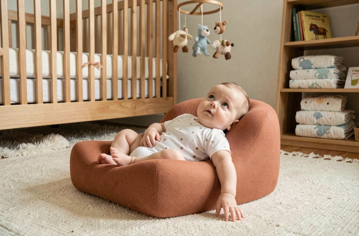 Bébé de 4 mois installé dans un coussin de sol ergonomique en terracotta dans une chambre de bébé chaleureuse