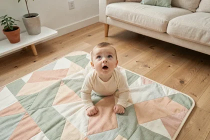 Bébé de 4 mois allongé sur un tapis d'éveil en coton pastel sur un parquet en chêne dans un salon scandinave