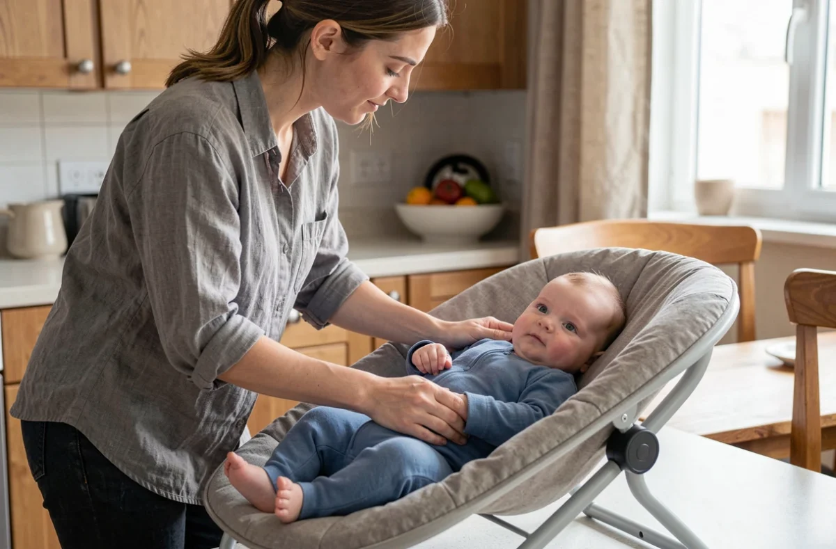 Mère installant son bébé de 4 mois dans un transat en tissu dans une cuisine familiale moderne
