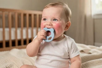 Bébé de 6 mois qui mâche un anneau de dentition en silicone, joues rosées et bavant légèrement, signe de poussées dentaires