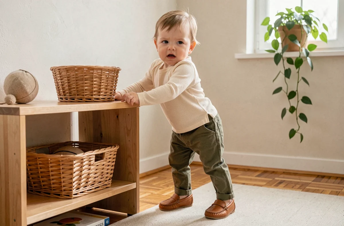 Bébé de 12 mois se mettant debout seul contre une étagère basse dans un espace de motricité libre aménagé