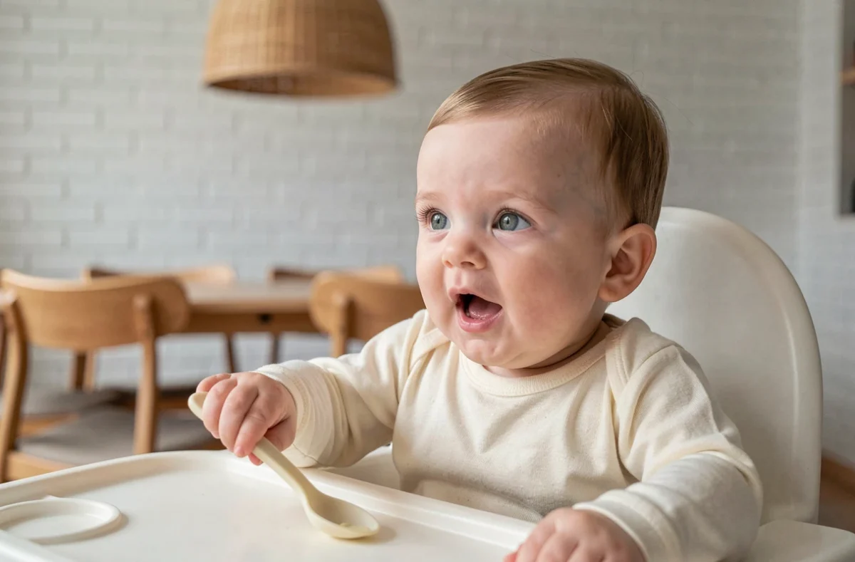 Bébé de six mois découvrant la cuillère lors de sa première diversification alimentaire