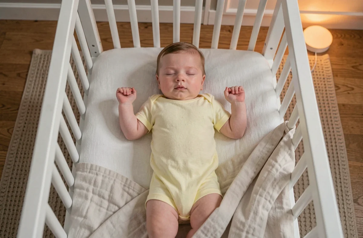 Bébé d'environ six mois dormant paisiblement dans son lit à barreaux blanc avec un body jaune pâle