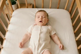 Bébé de 6 mois dormant sans gigoteuse dans un lit à barreaux en bois avec un body rayé pastel