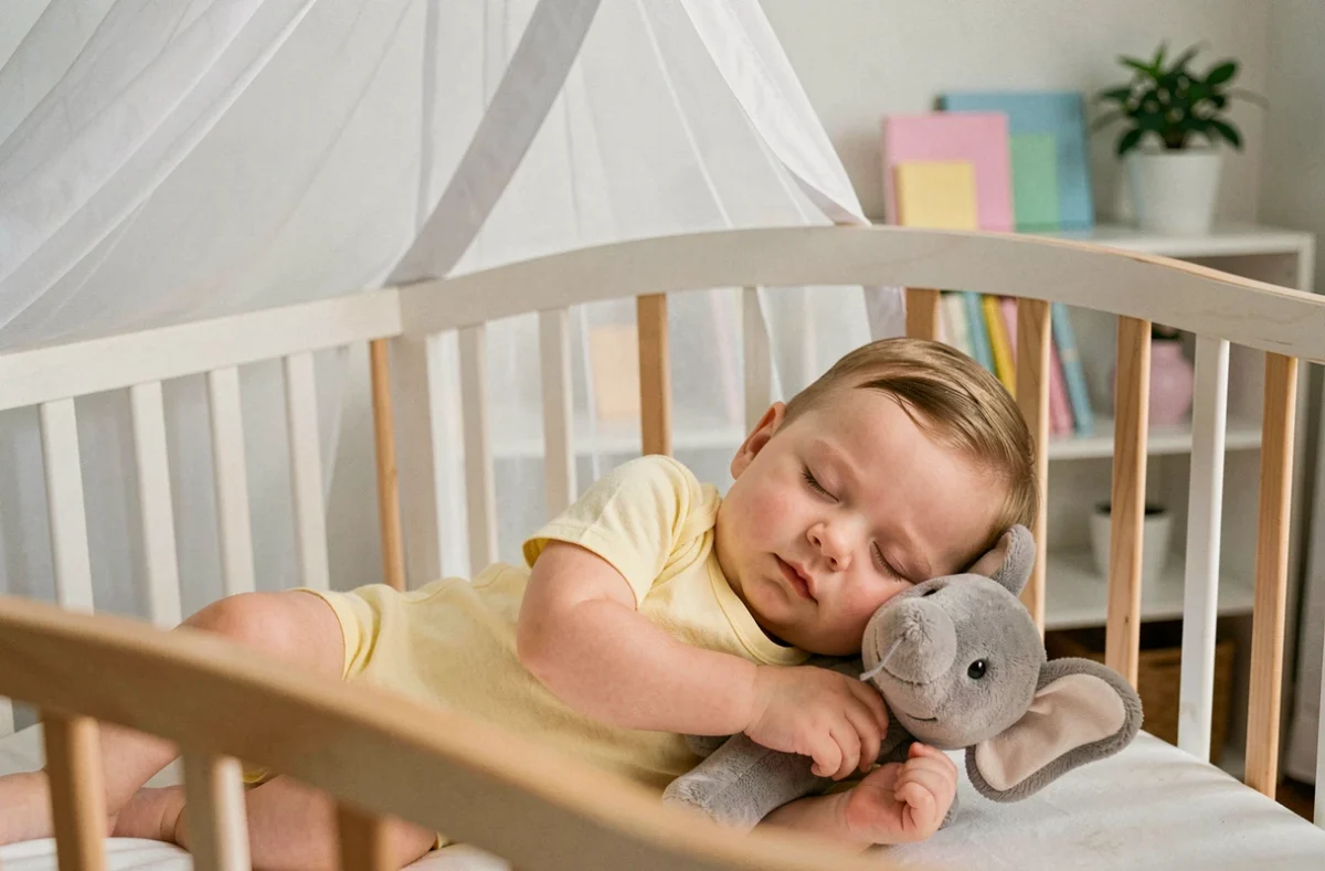Bébé endormi dans son berceau serrant un doudou éléphant gris contre sa joue
