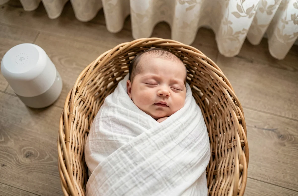 Nourrisson endormi et emmailloté dans un couffin en osier, symbolisant un environnement de sommeil sécurisé et structuré pour les bébés en bas âge.