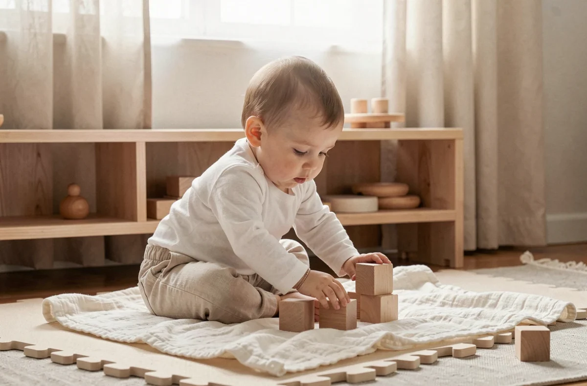 Bébé assis explorant librement des cubes en bois dans un espace de jeu Montessori minimaliste