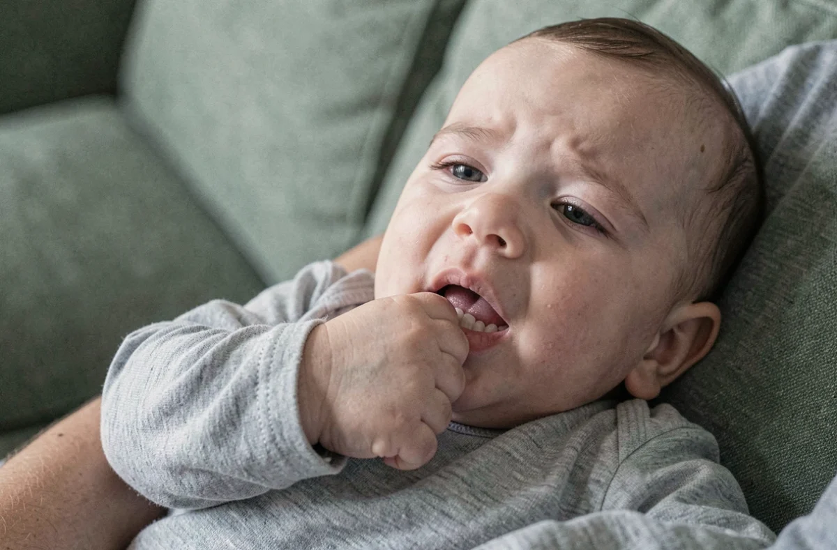 Bébé fatigué se frottant les gencives avec le poing, signe caractéristique d'une poussée dentaire douloureuse