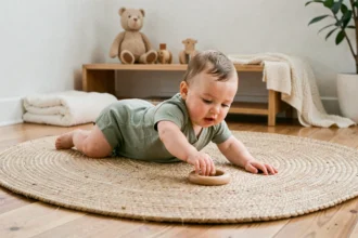 Bébé de 8 mois en tapis de jeu en laine naturelle explorant librement ses mouvements sur un sol en bois