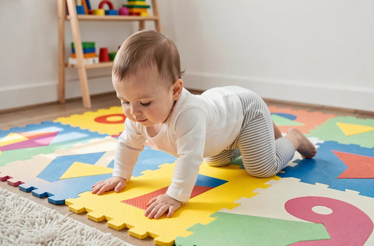 Bébé en position à quatre pattes sur un tapis de jeu coloré dans une chambre de bébé