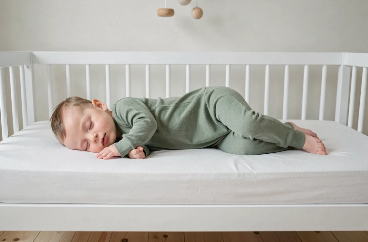 Bébé de 9 mois endormi en pyjama sans gigoteuse dans un lit minimaliste de style scandinave