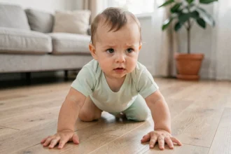 Bébé de 7 mois en train de ramper sur un parquet en bois clair dans un salon moderne