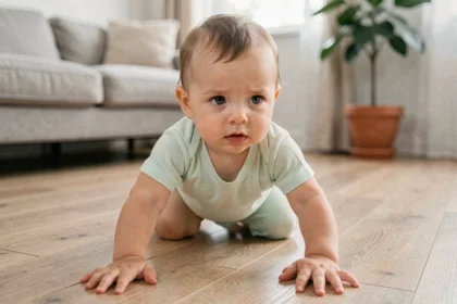 Bébé de 7 mois en train de ramper sur un parquet en bois clair dans un salon moderne