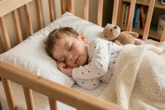 Bébé de 2 ans dormant paisiblement dans un lit en bois avec des draps blancs froissés, atmosphère douce de chambre d'enfant