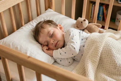 Bébé de 2 ans dormant paisiblement dans un lit en bois avec des draps blancs froissés, atmosphère douce de chambre d'enfant