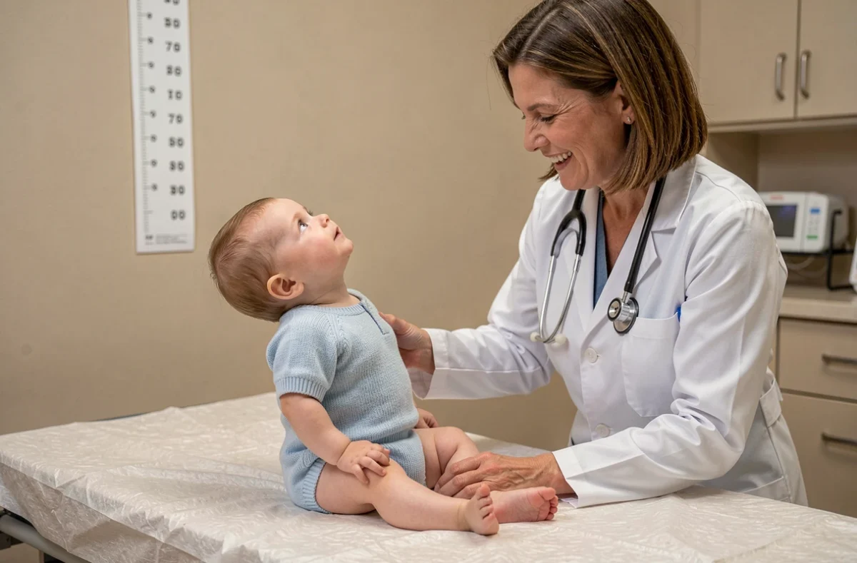 Bébé penchant la tête en arrière lors d'une consultation chez le pédiatre dans un cabinet médical
