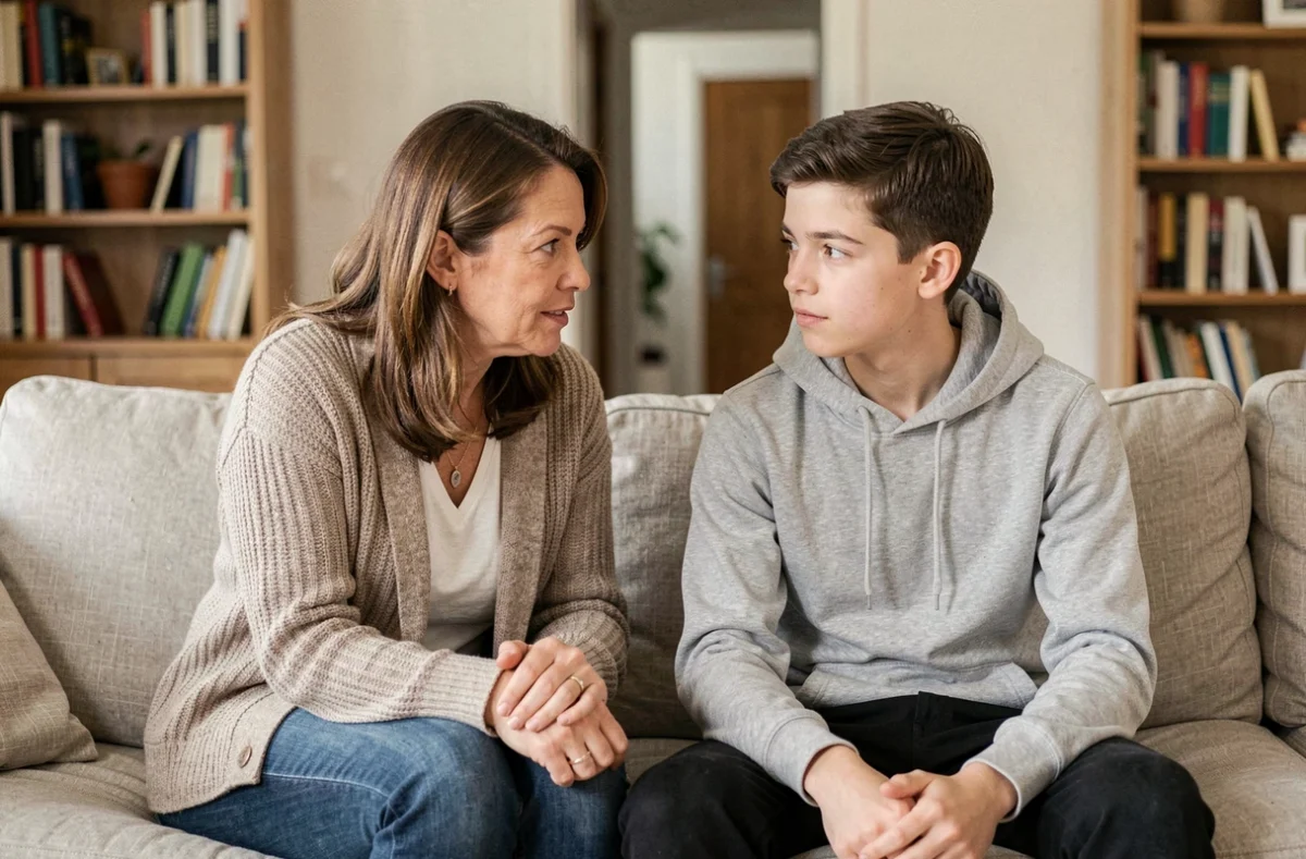 Belle-mère et adolescent en conversation sincère dans un salon familial, illustrant l'importance du dialogue dans la famille recomposée