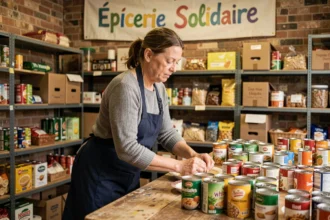 Bénévole d'une épicerie solidaire arrangeant des denrées alimentaires dans un local associatif pour aider les familles précaires