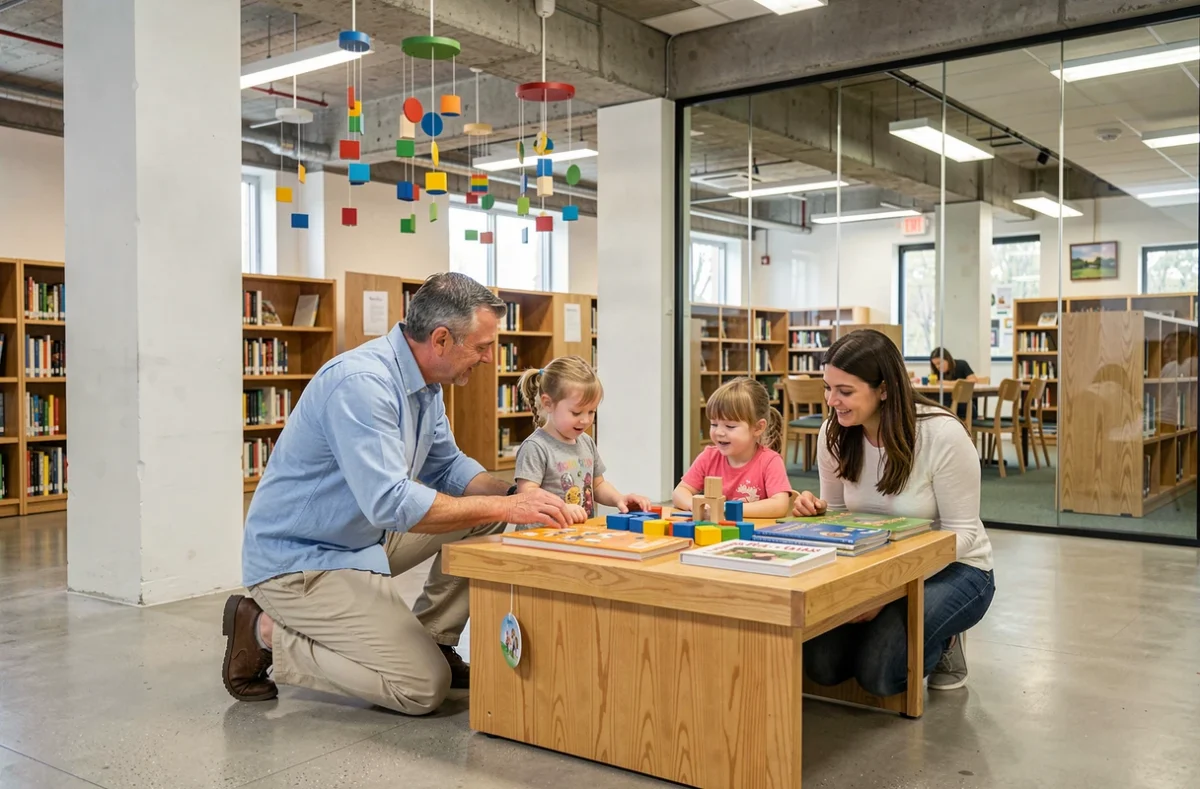 Bibliothécaire animant un atelier famille dans un espace dédié d'une bibliothèque publique