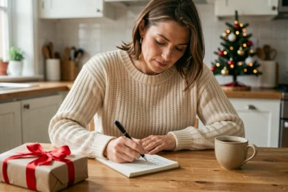 Femme calculant son budget cadeaux de Noël avec une liste manuscrite et des paquets cadeaux sur une table en bois