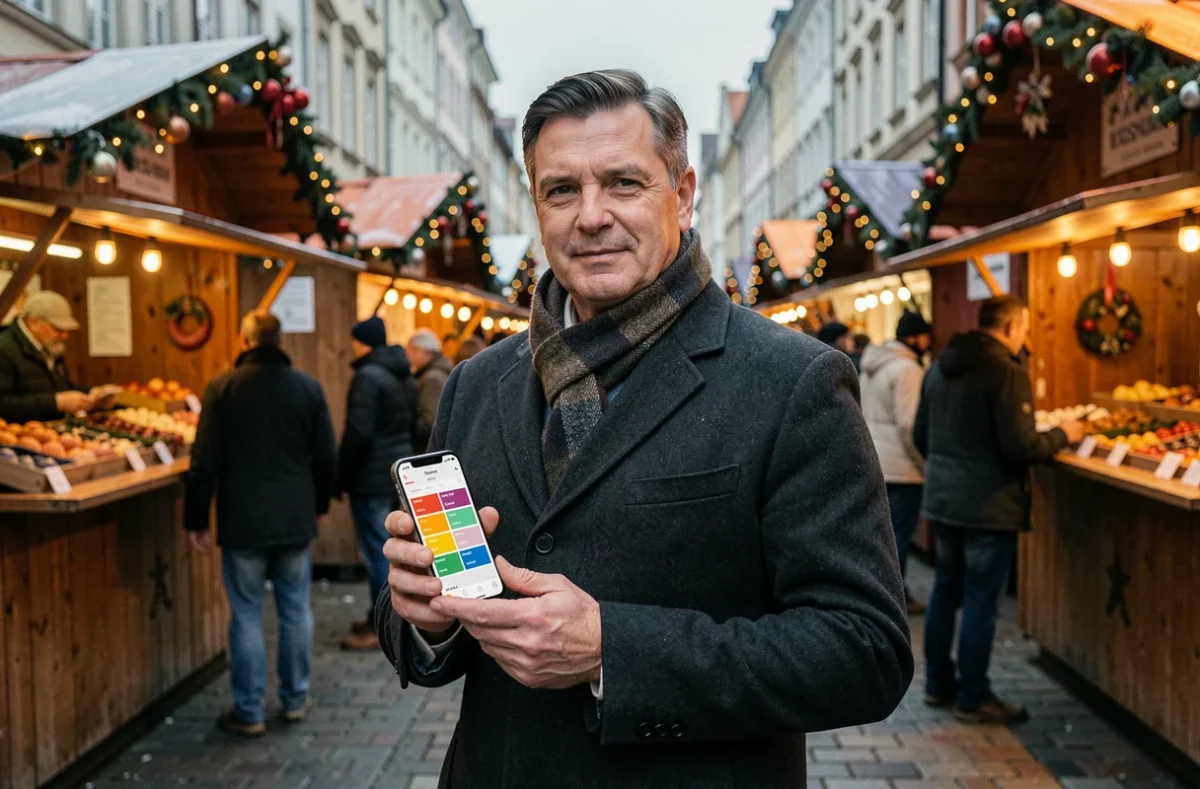 Homme consultant une application de budget sur smartphone dans un marché de Noël animé