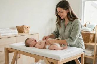 Jeune maman changeant son bébé sur une table à langer en bois dans une chambre d'enfant lumineuse et apaisante