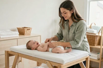 Jeune maman changeant son bébé sur une table à langer en bois dans une chambre d'enfant lumineuse et apaisante